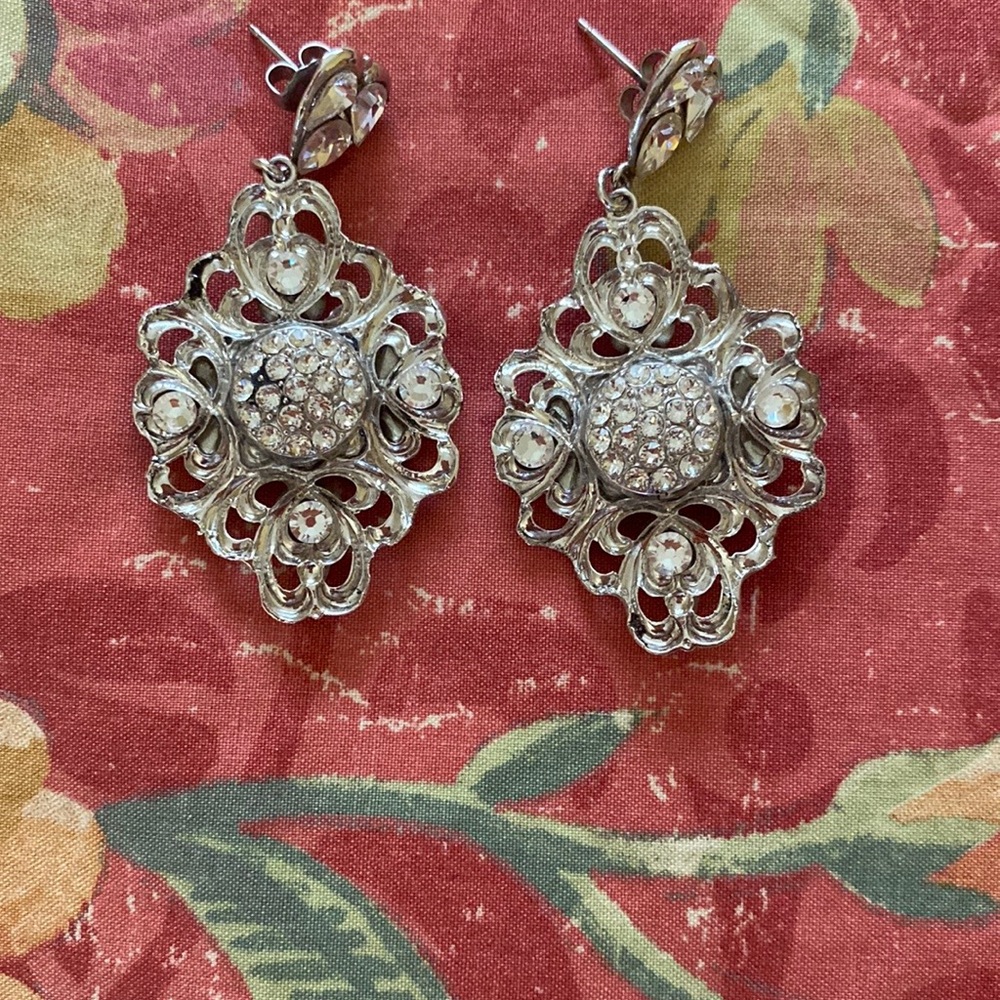 Silver Filigree Drop Earrings with Crystal Accent